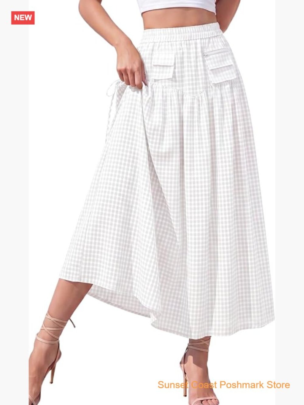 Plaid Gingham Maxi Skirt Elastic High Waist Flowey A-Line Drawstring Pockets